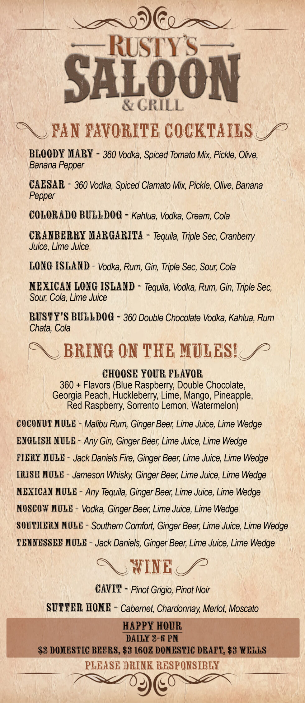 Food & Drink Menu at Rusty's Saloon & Grill in St. Anthony, ND